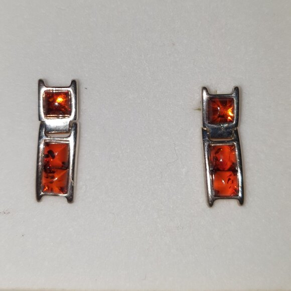 Vintage Genuine Baltic Cognac Amber Three Stone 925 Sterling Silver Stud Earring - Picture 6 of 9